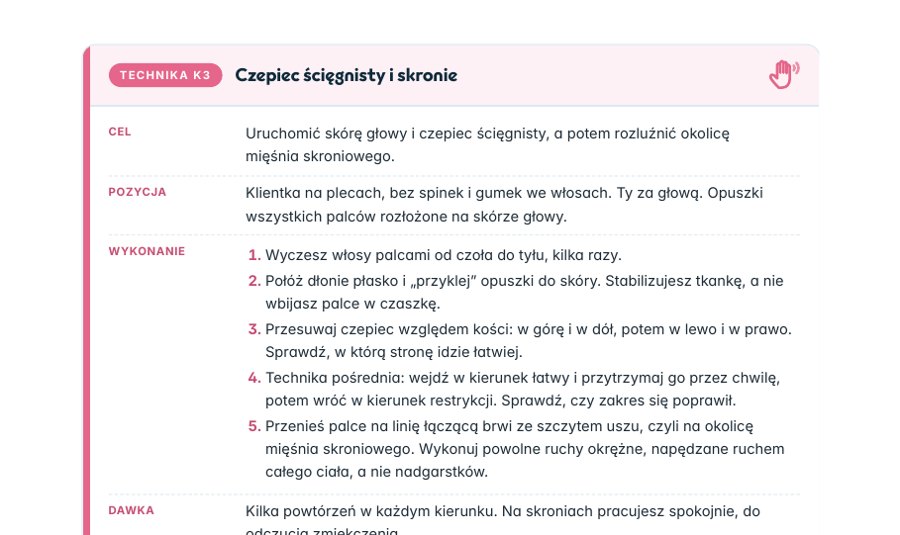 Strona z ebooka Fizjo-Kobido: Karta techniki: pozycja, wykonanie, dawka, czucie tkanki
