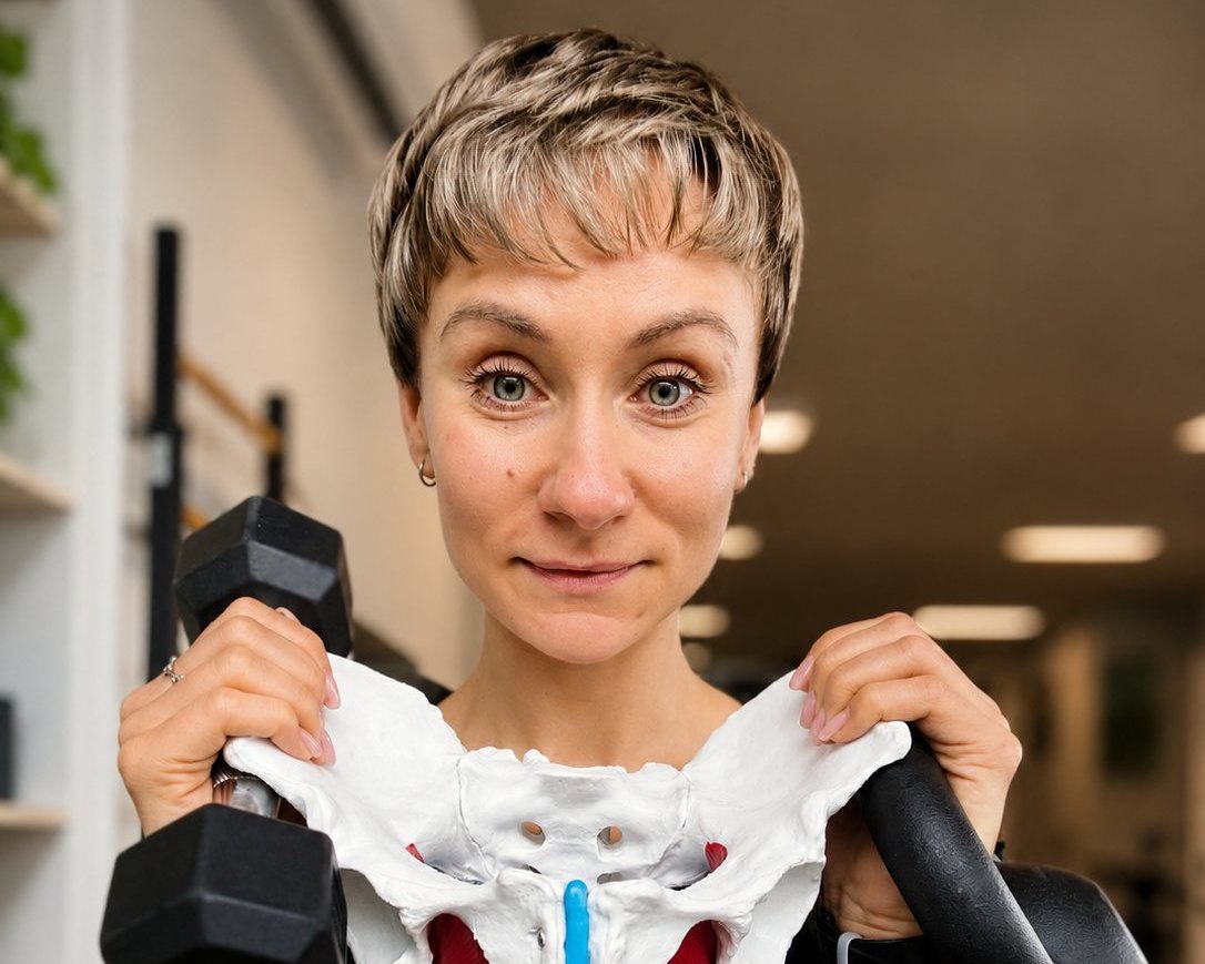 Paulina Sopniewska, prowadząca kurs Specjalista Treningu Kobiet, z modelem miednicy i hantlem